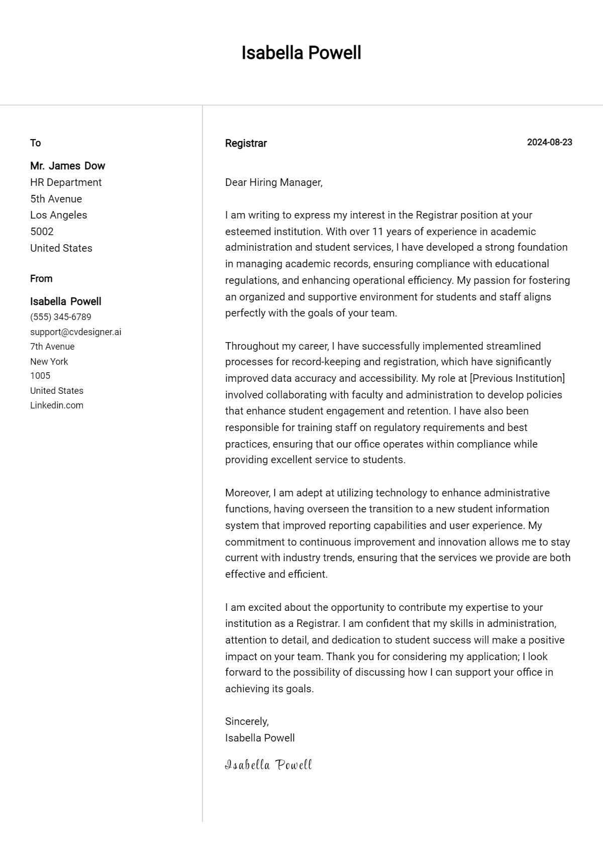 registrar cover letter example