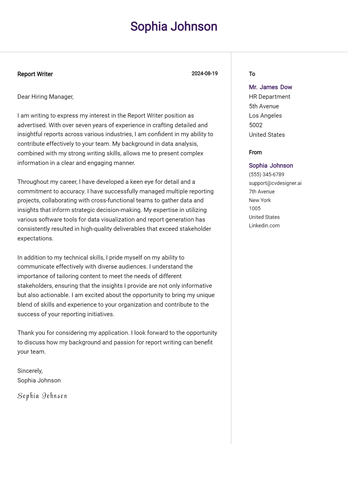 Report Writer Cover Letter Example for 2024: Ultimate Guide - CVDesigner.ai