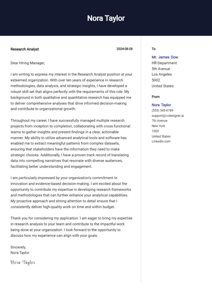 research analyst cover letter example