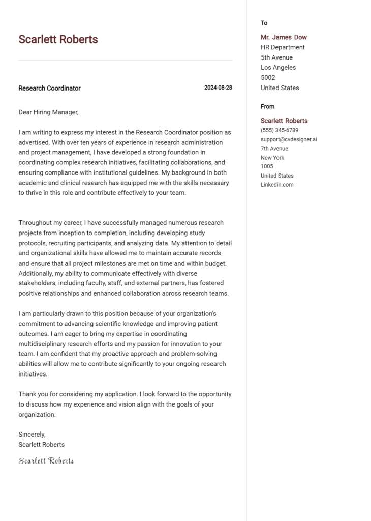 research coordinator cover letter example