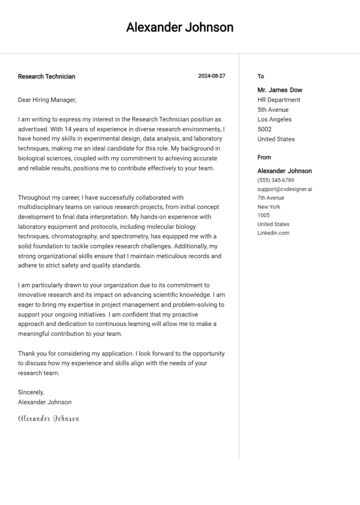 research technician cover letter example