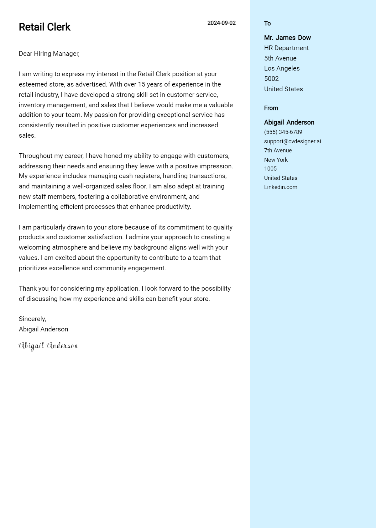 retail clerk cover letter example