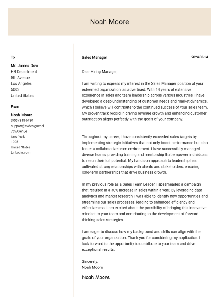 sales manager cover letter example