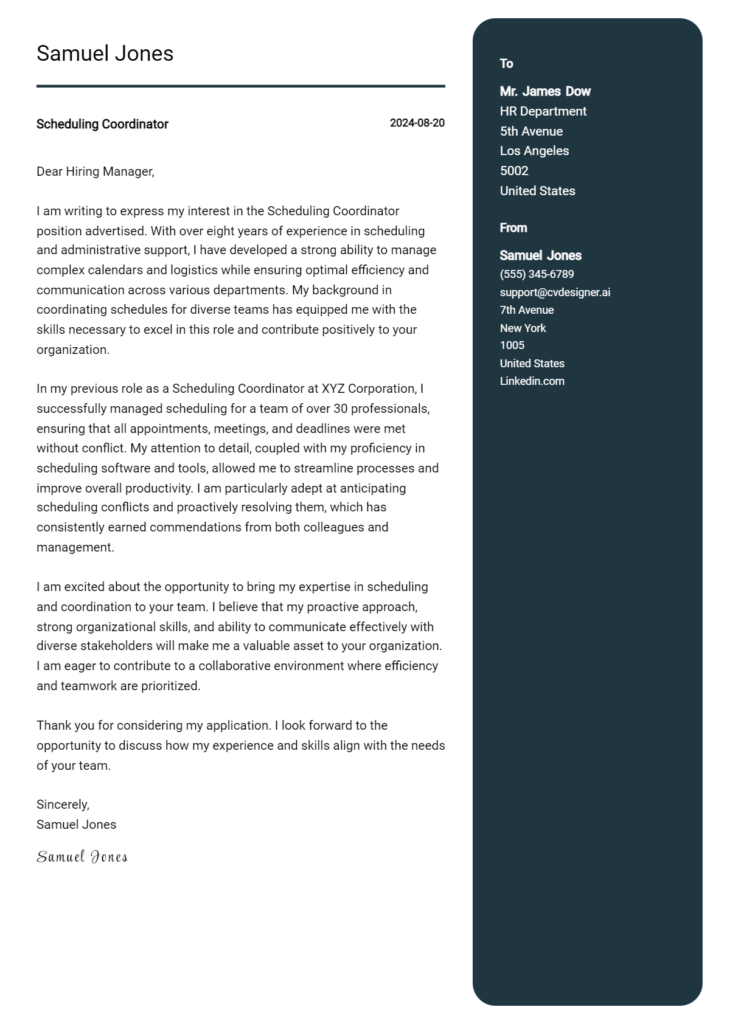 scheduling coordinator cover letter example