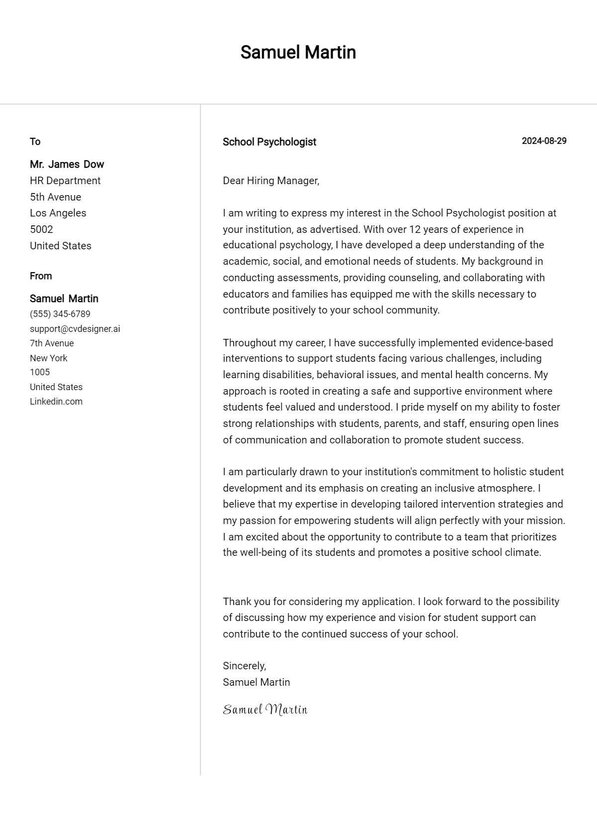 school psychologist cover letter example