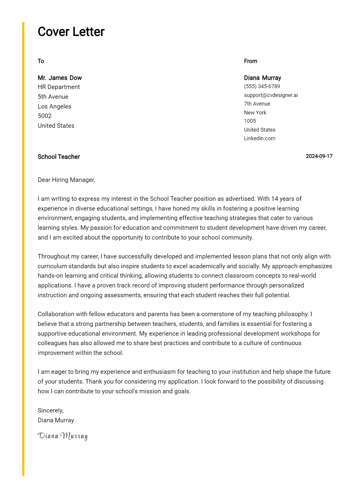 school teacher cover letter example