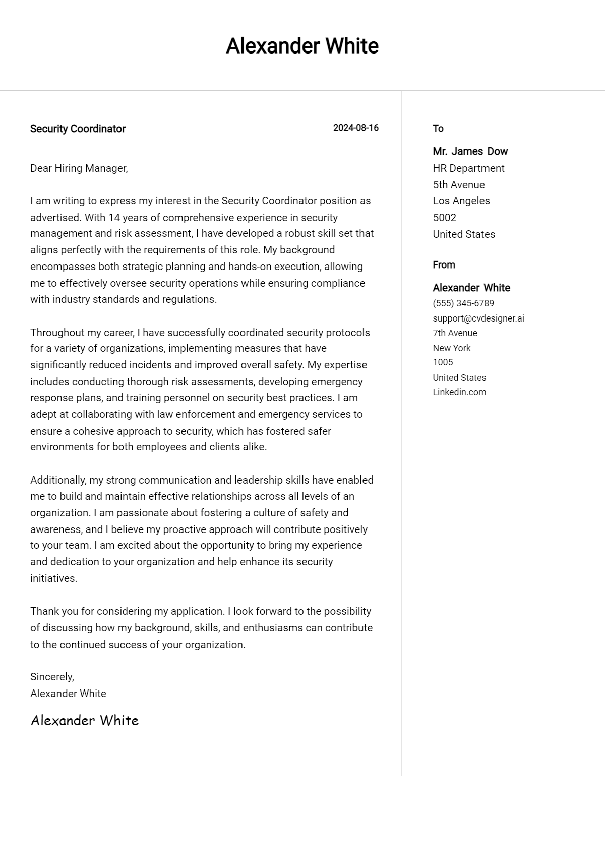 security coordinator cover letter example