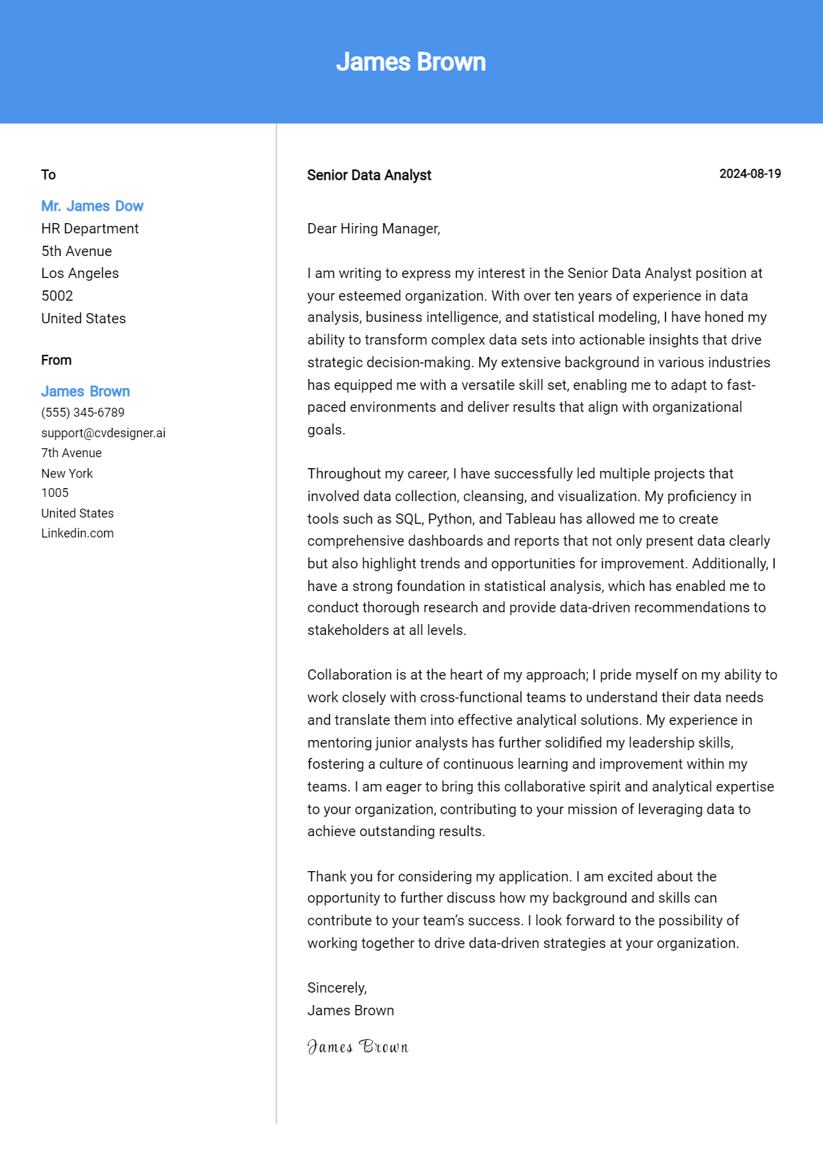 senior data analyst cover letter example