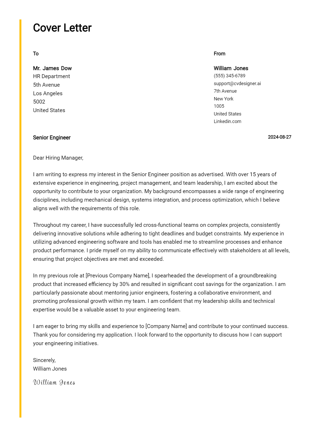 senior engineer cover letter example