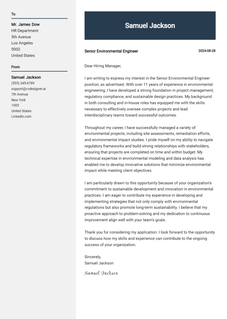 senior environmental engineer cover letter example