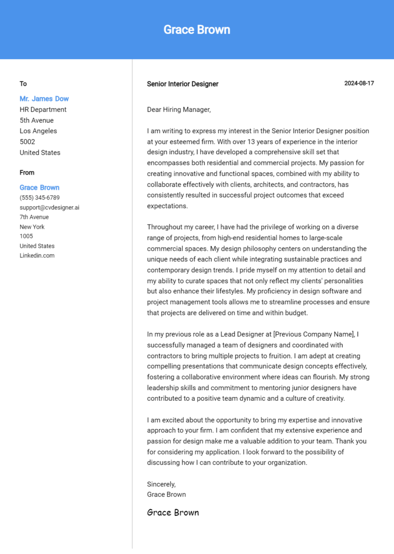 Senior Interior Designer Cover Letter Example for 2024: Expert Tips ...