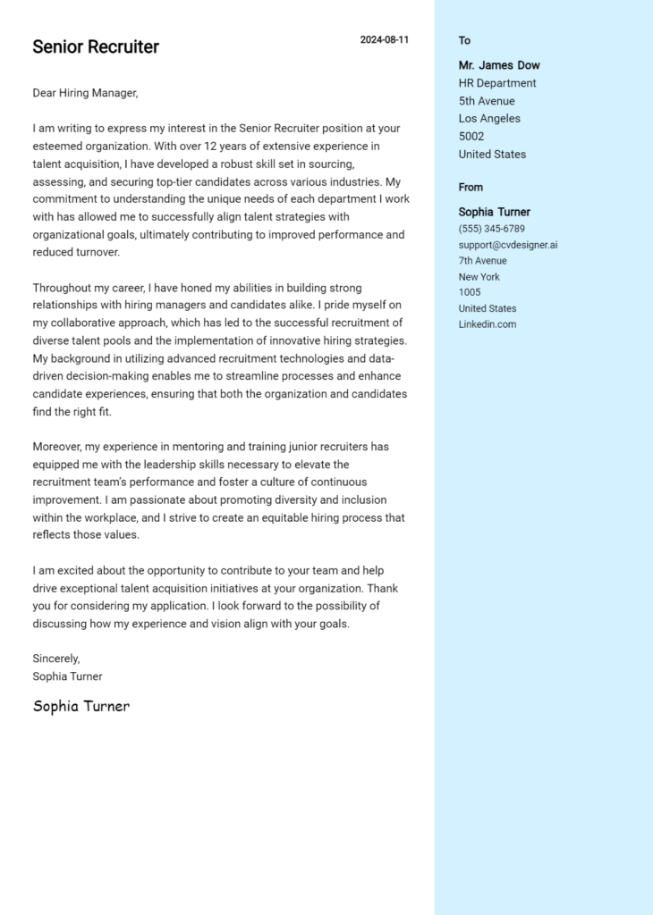 senior recruiter cover letter example