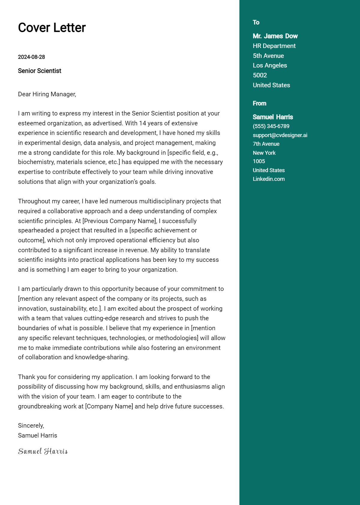 senior scientist cover letter example