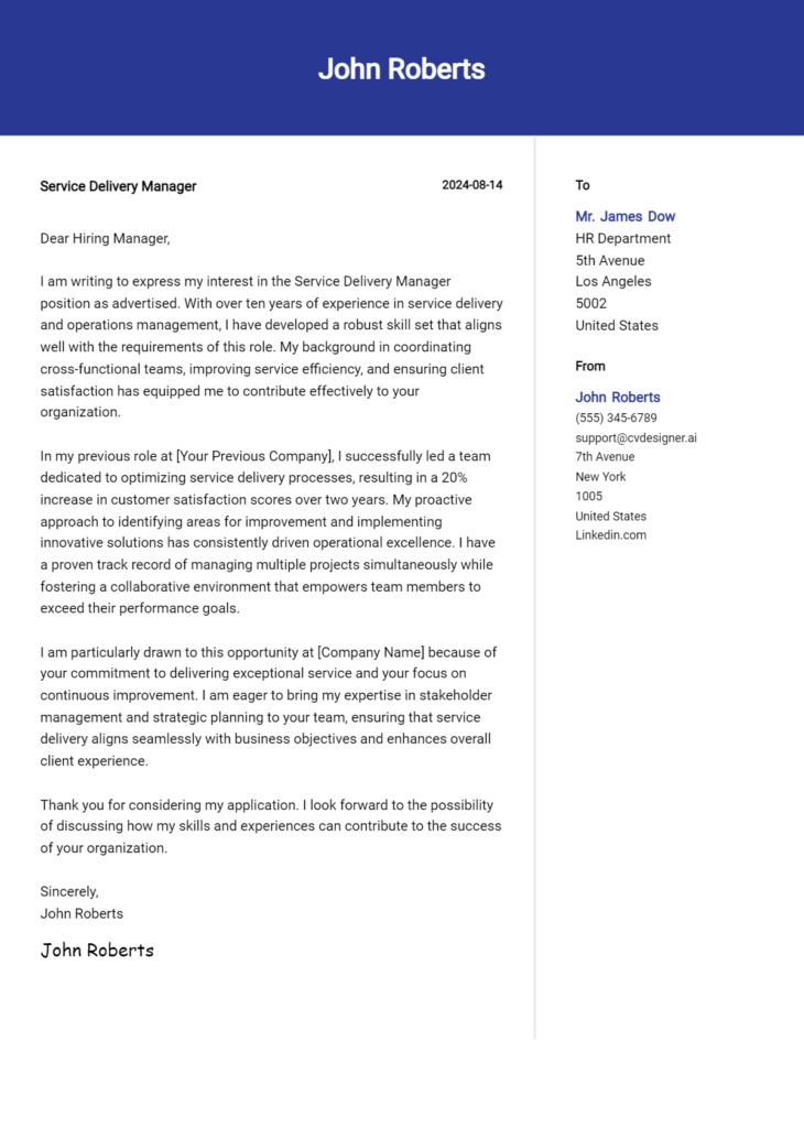 service delivery manager cover letter example