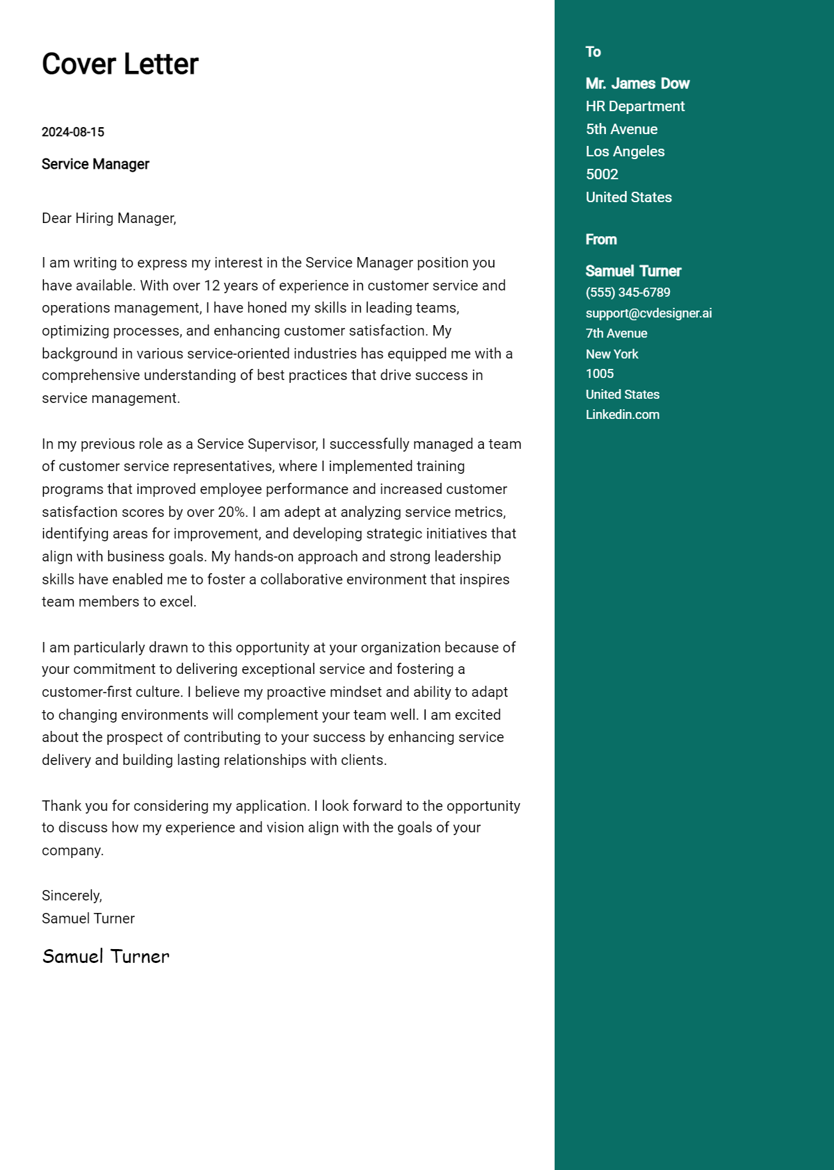 service manager cover letter example