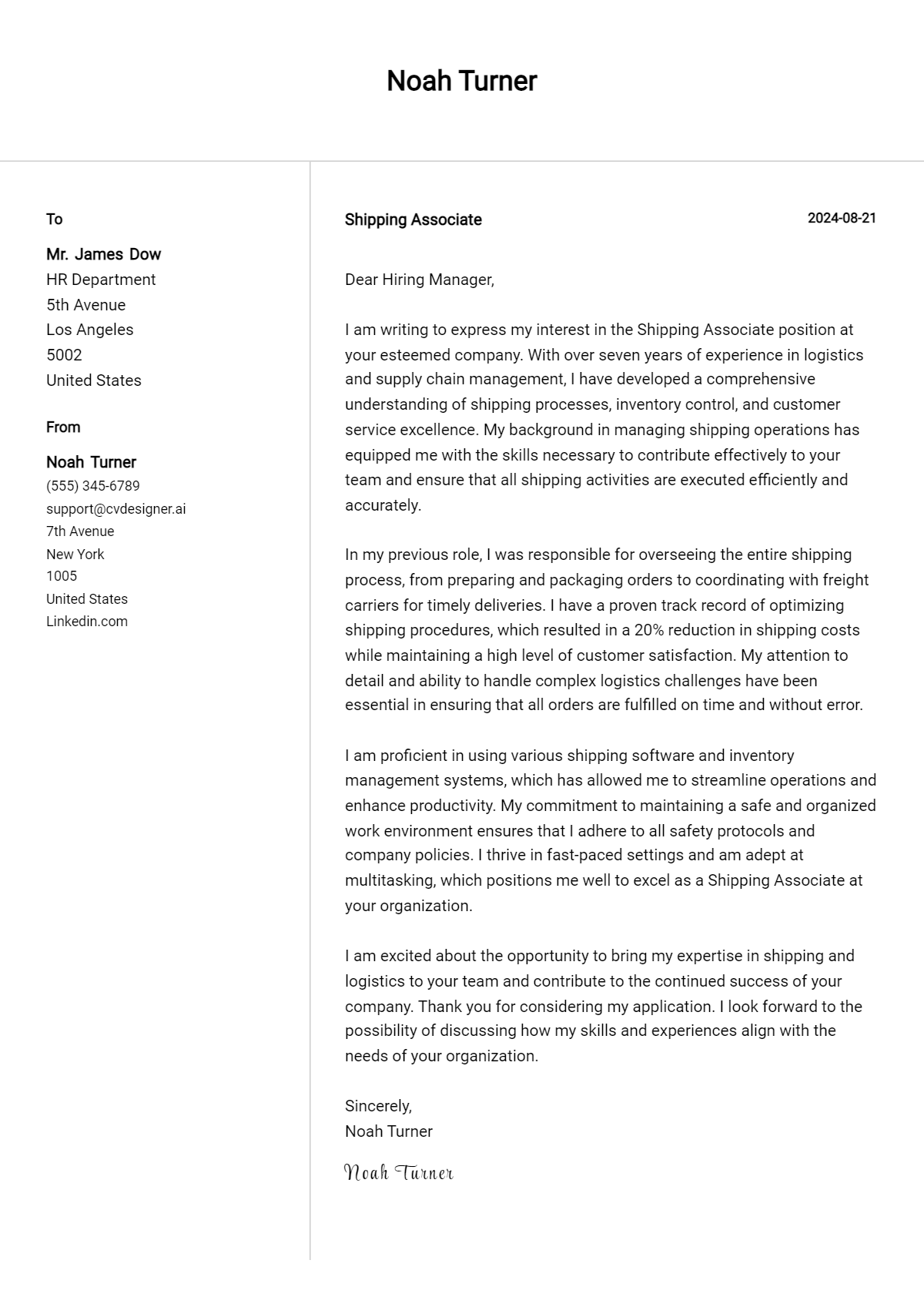 shipping associate cover letter example