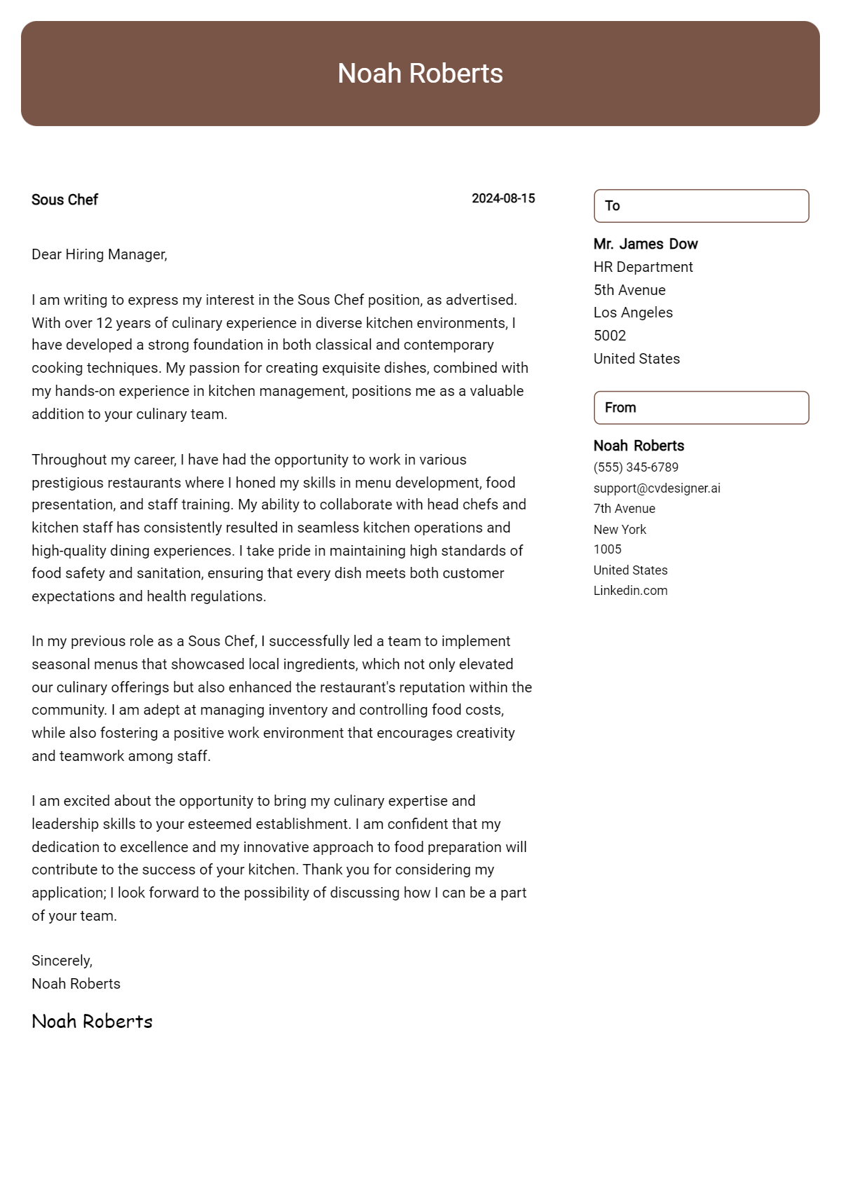 sous chef cover letter example