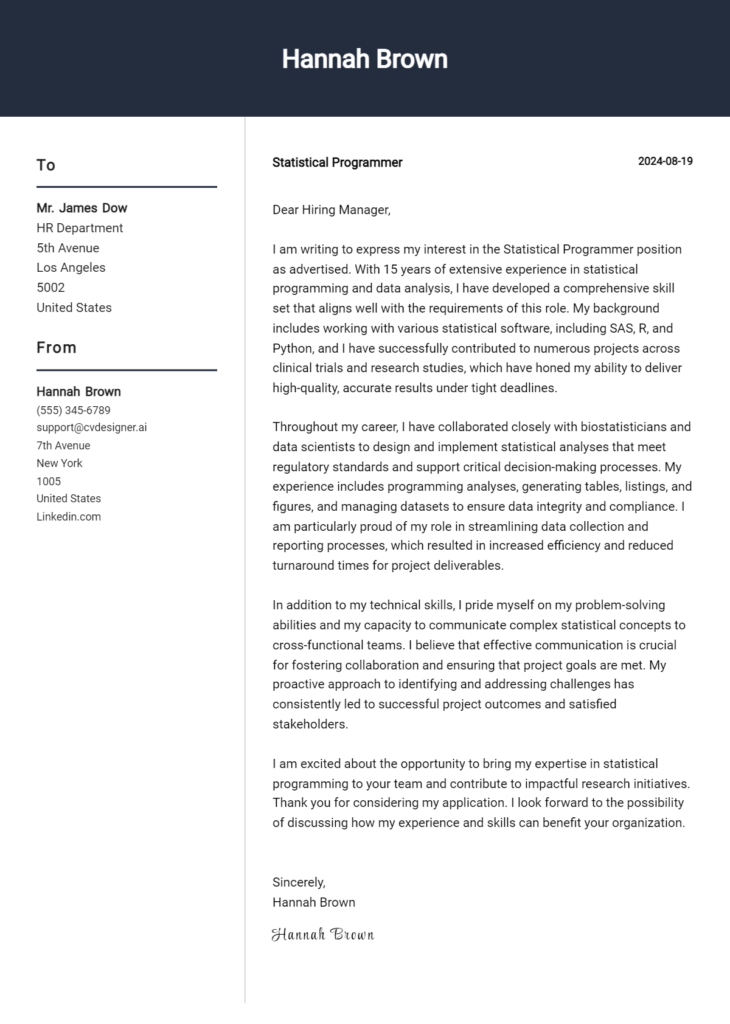 statistical programmer cover letter example