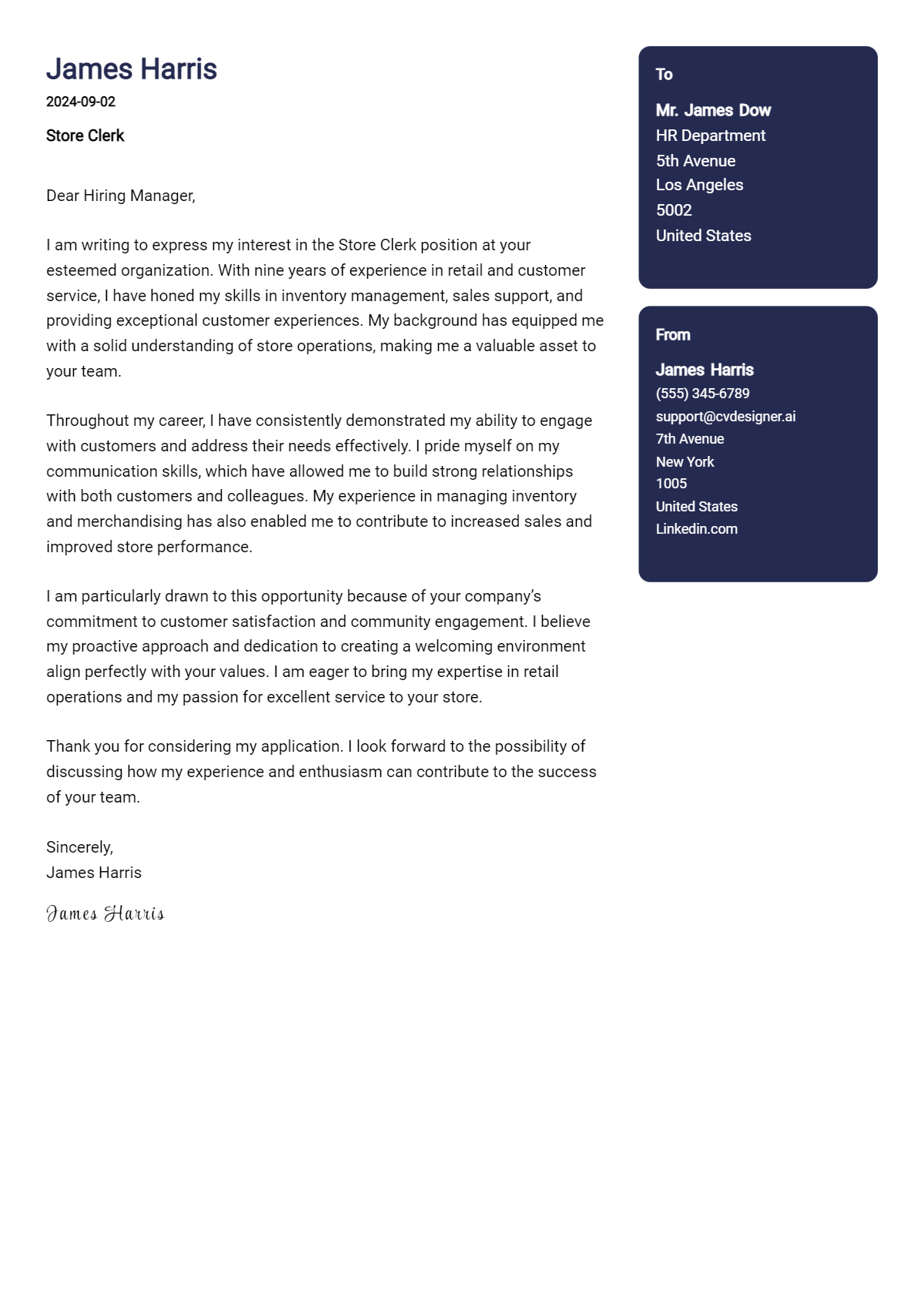 store clerk cover letter example