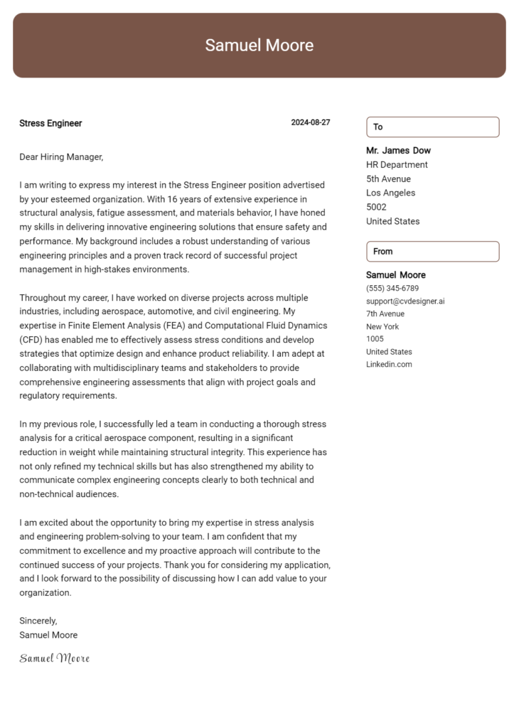 stress engineer cover letter example