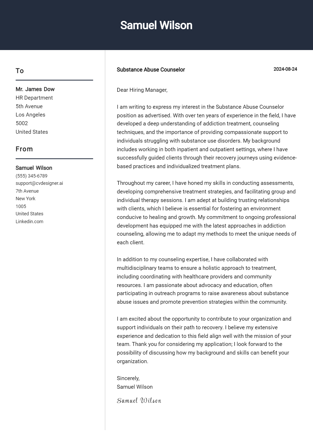 substance abuse counselor cover letter example