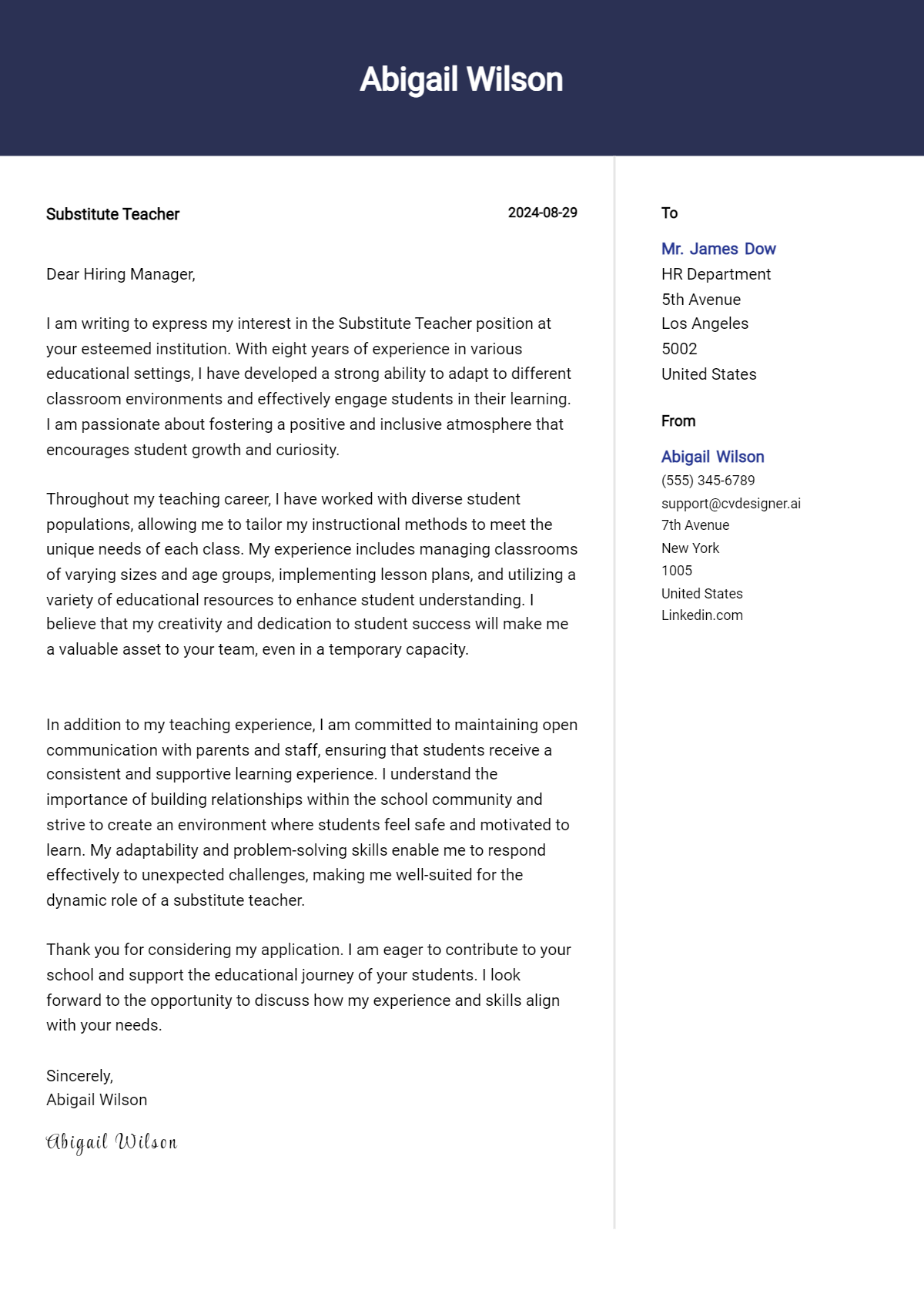 substitute teacher cover letter example