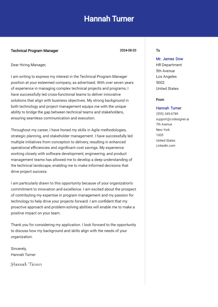 technical program manager cover letter example