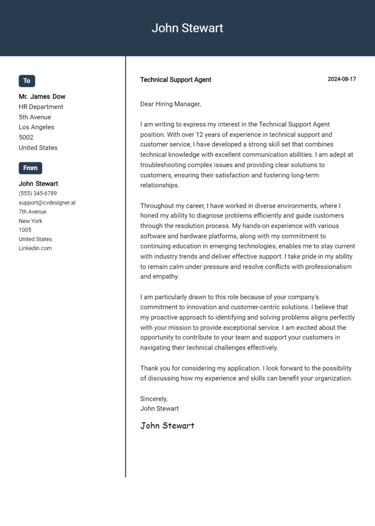 technical support agent cover letter example