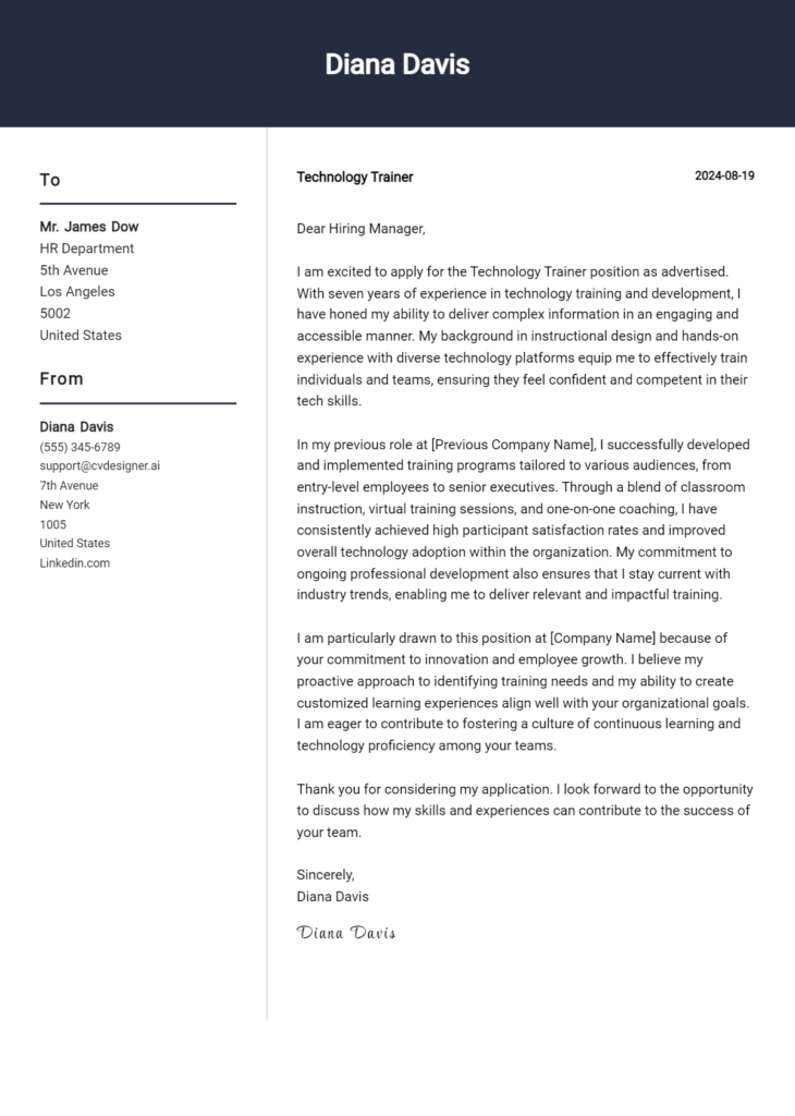 technology trainer cover letter example