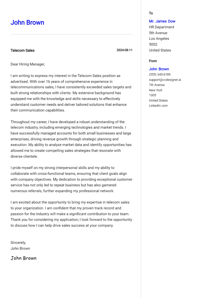 telecom sales cover letter example