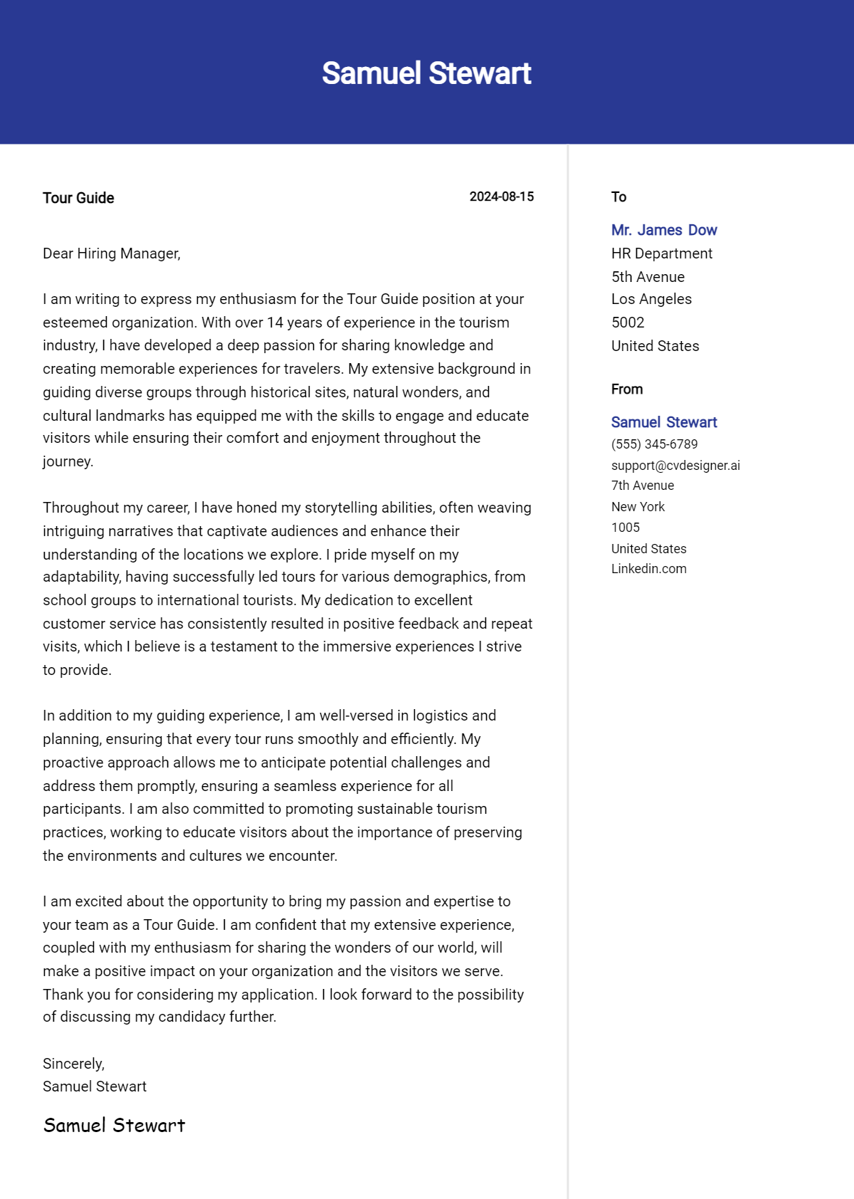 tour guide cover letter example