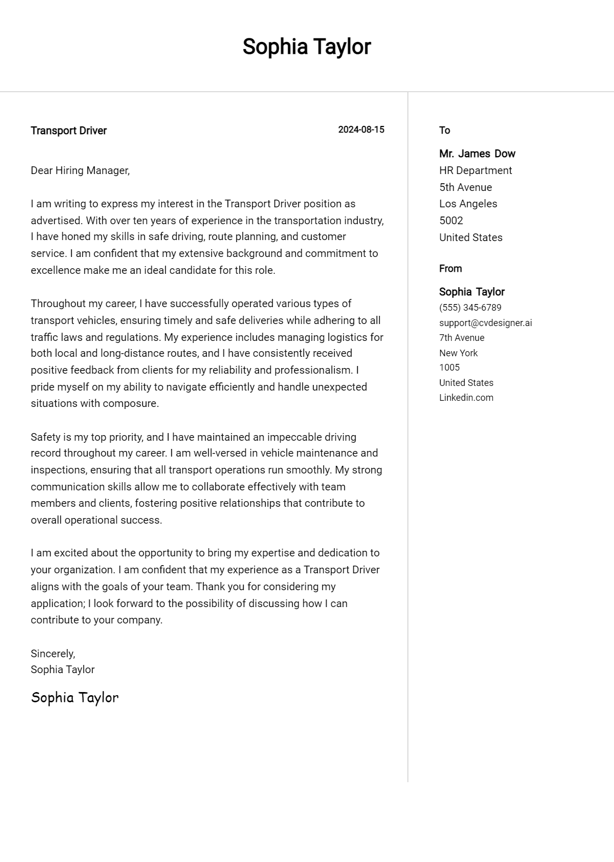 transport driver cover letter example