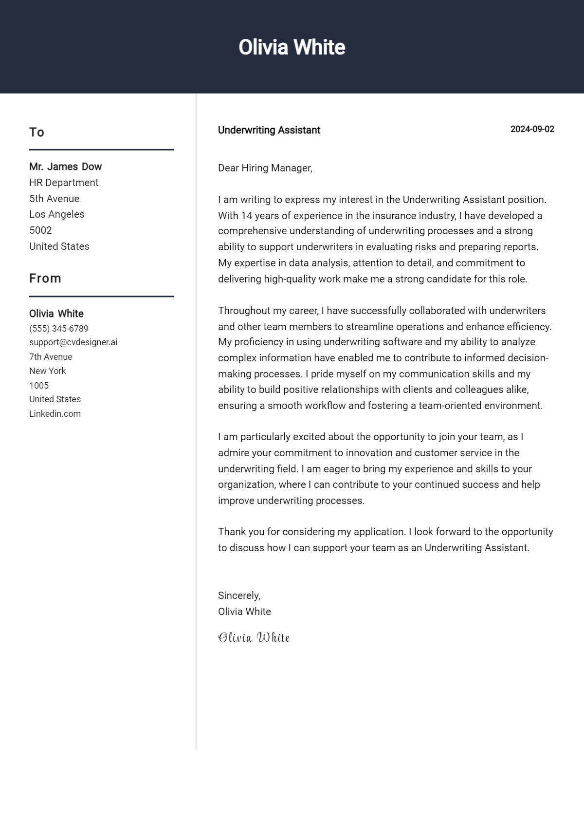 underwriting assistant cover letter example