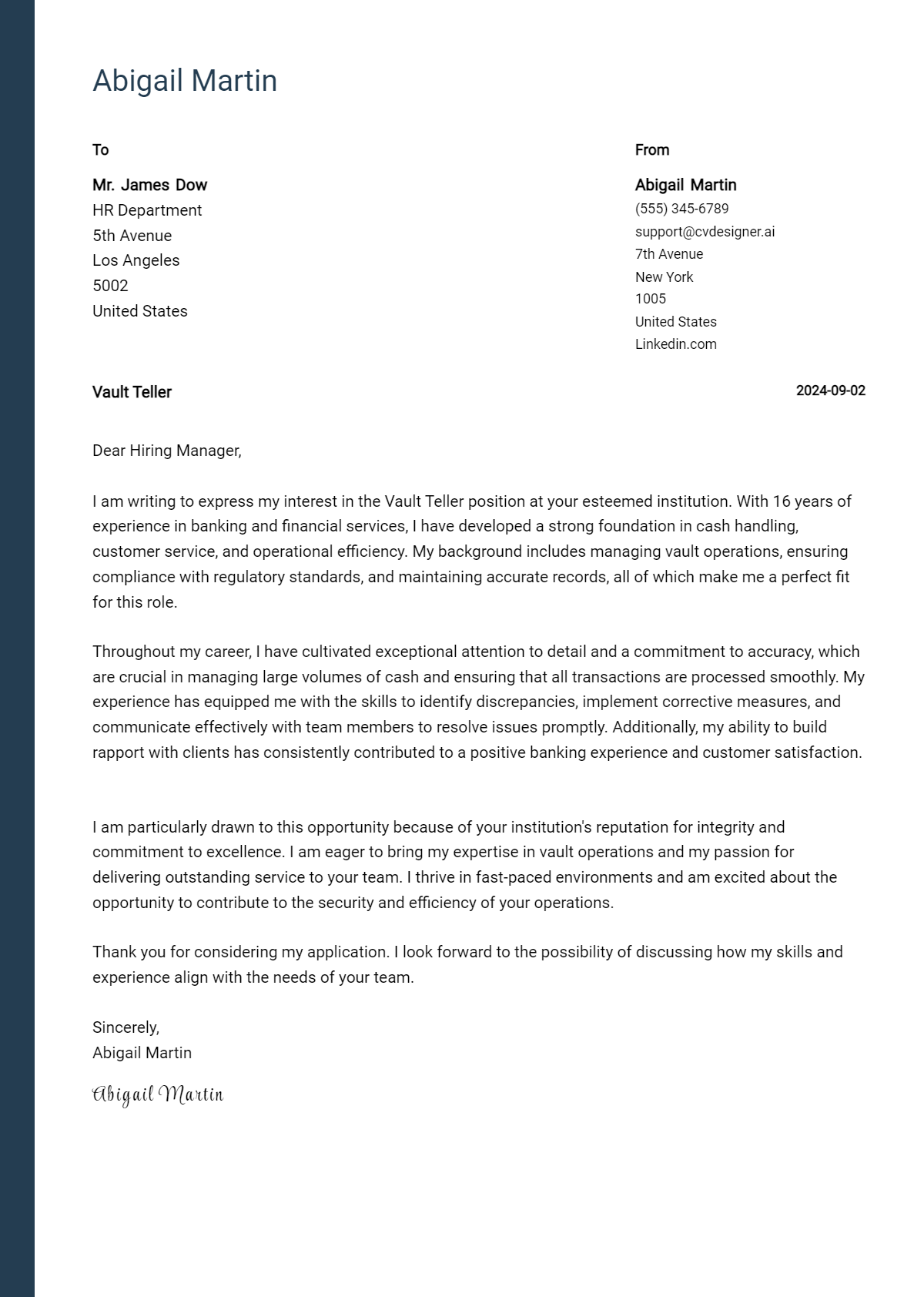 Vault Teller Cover Letter Example for 2024: Free Templates - CVDesigner.ai