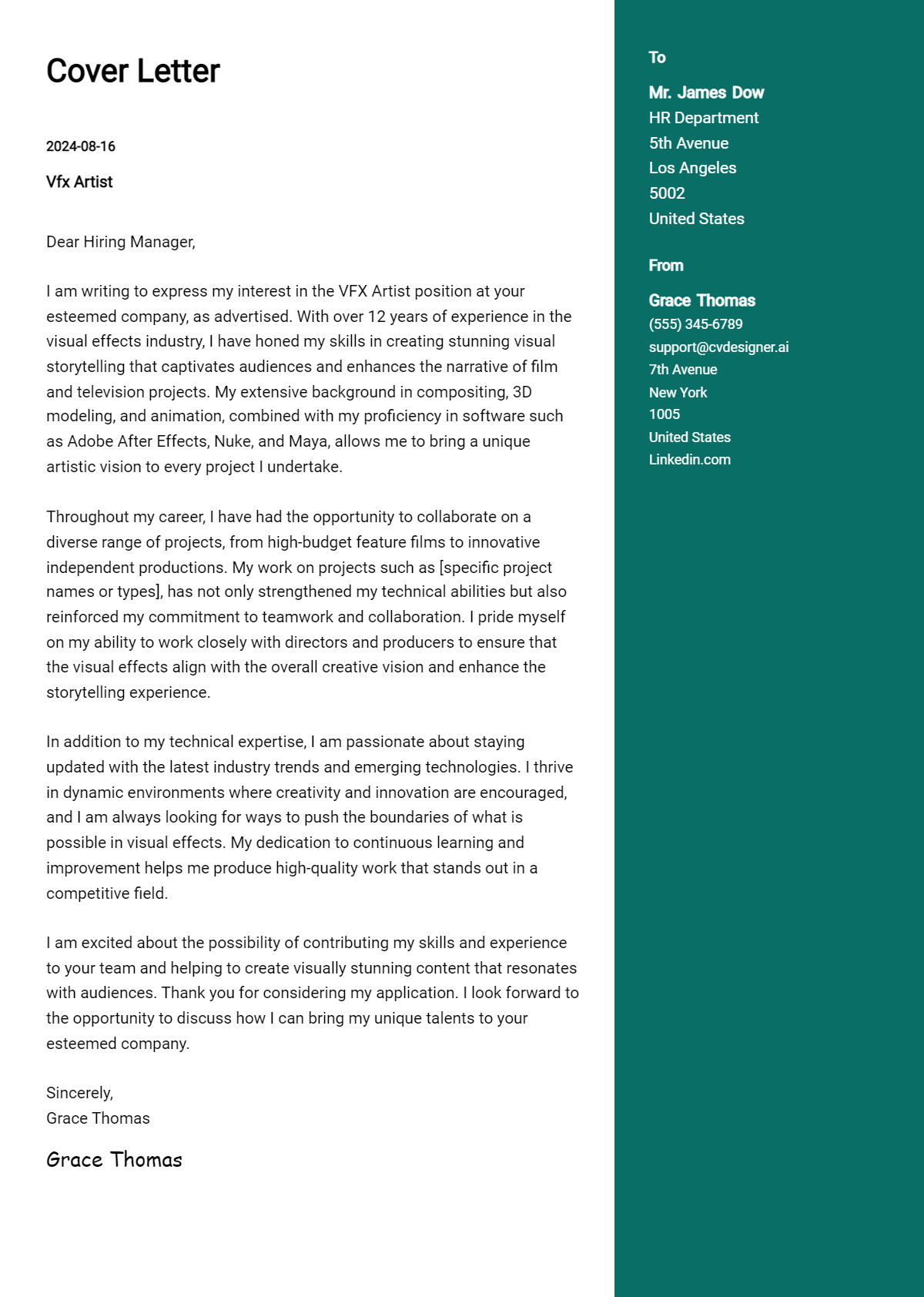 vfx artist cover letter example