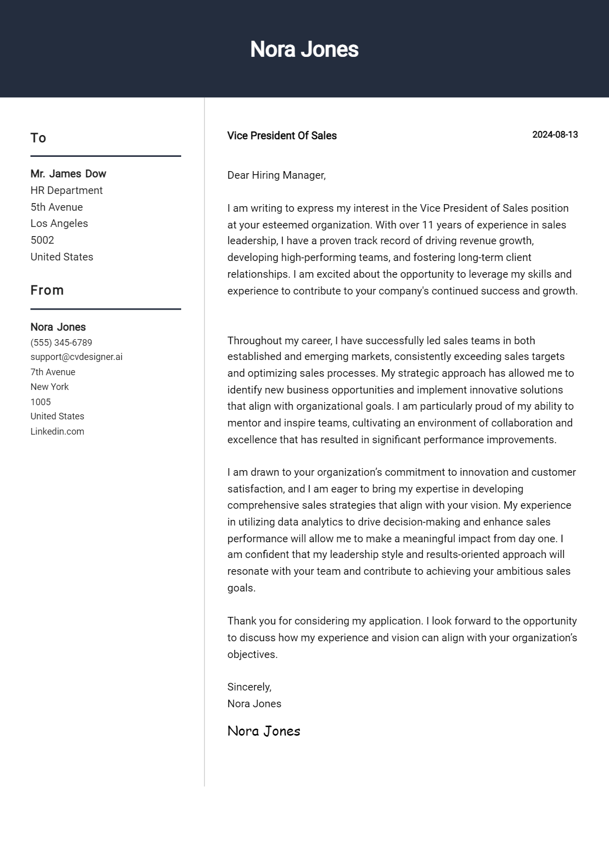 vice president of sales cover letter example