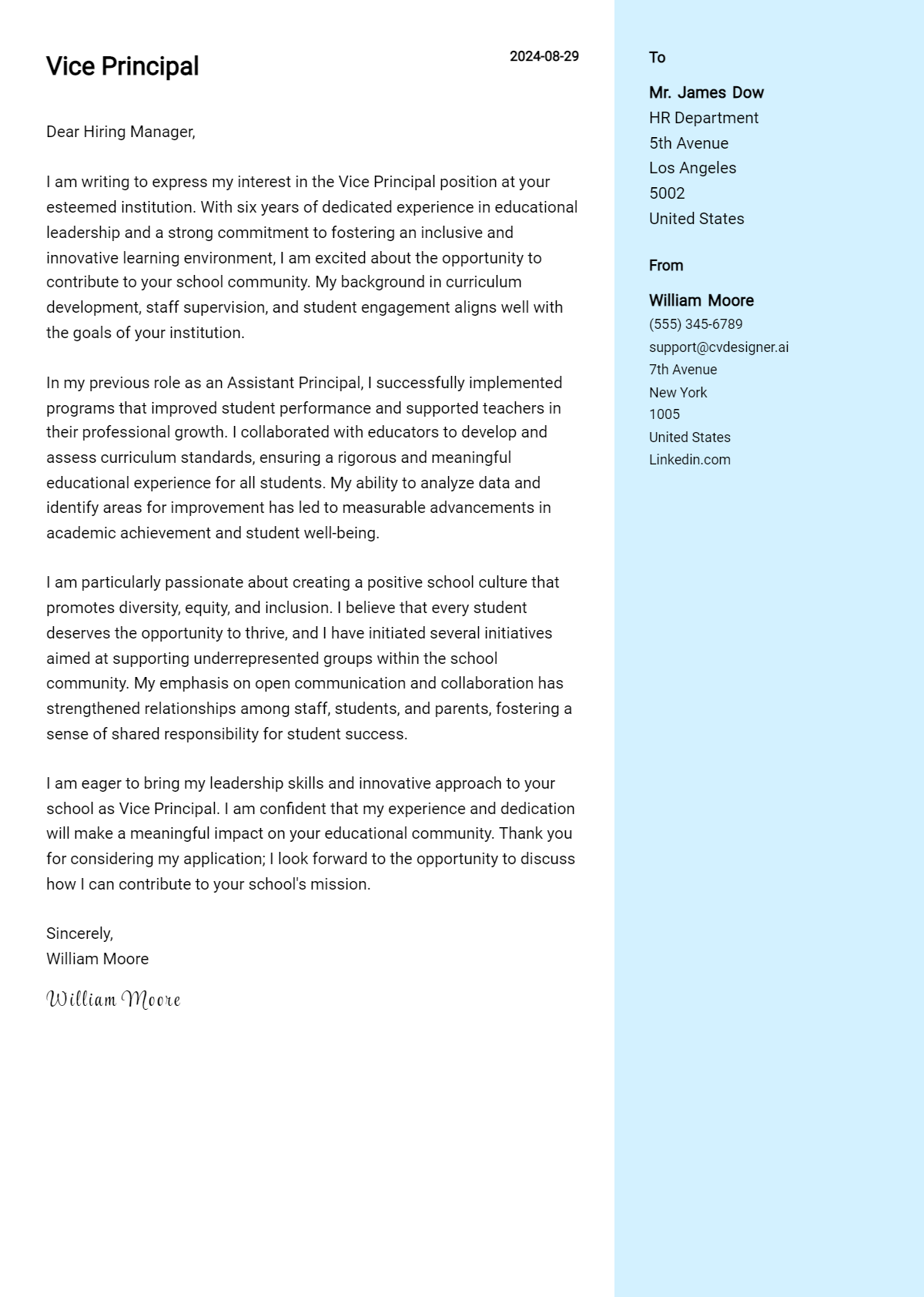 vice principal cover letter example