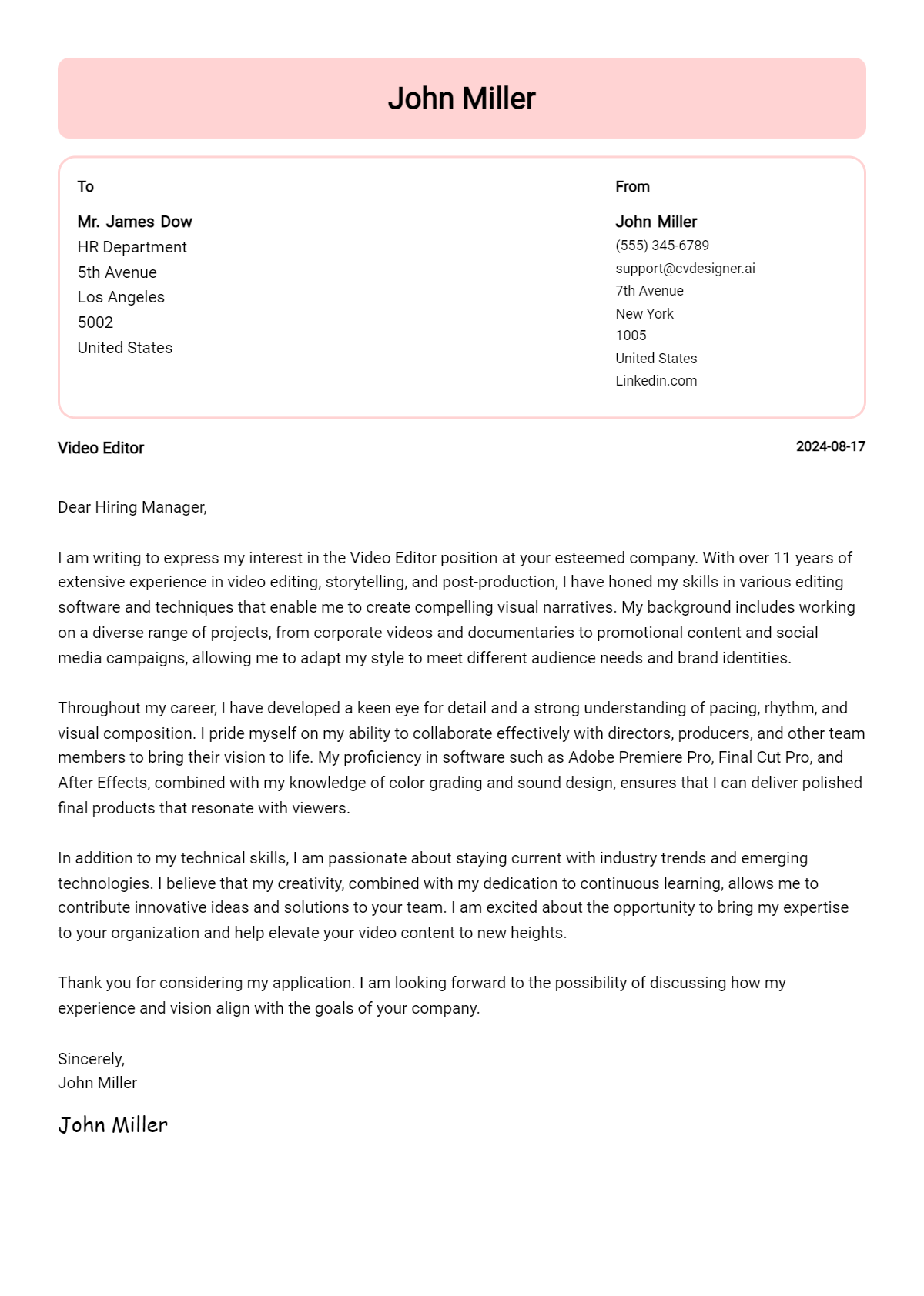 video editor cover letter example