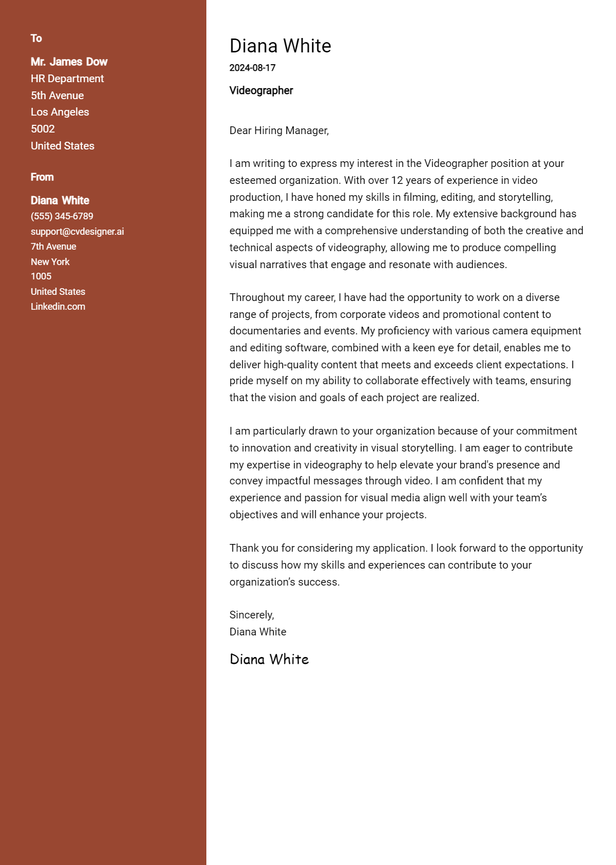 videographer cover letter example