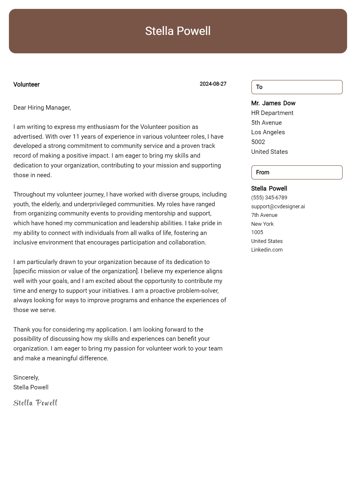 volunteer cover letter example