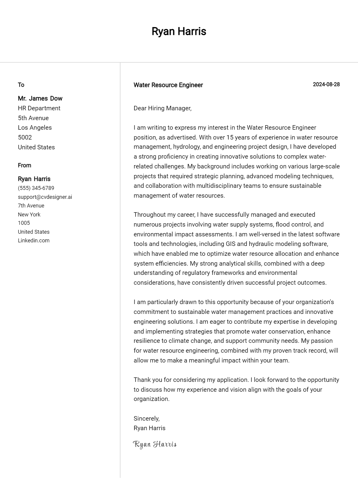 water resource engineer cover letter example