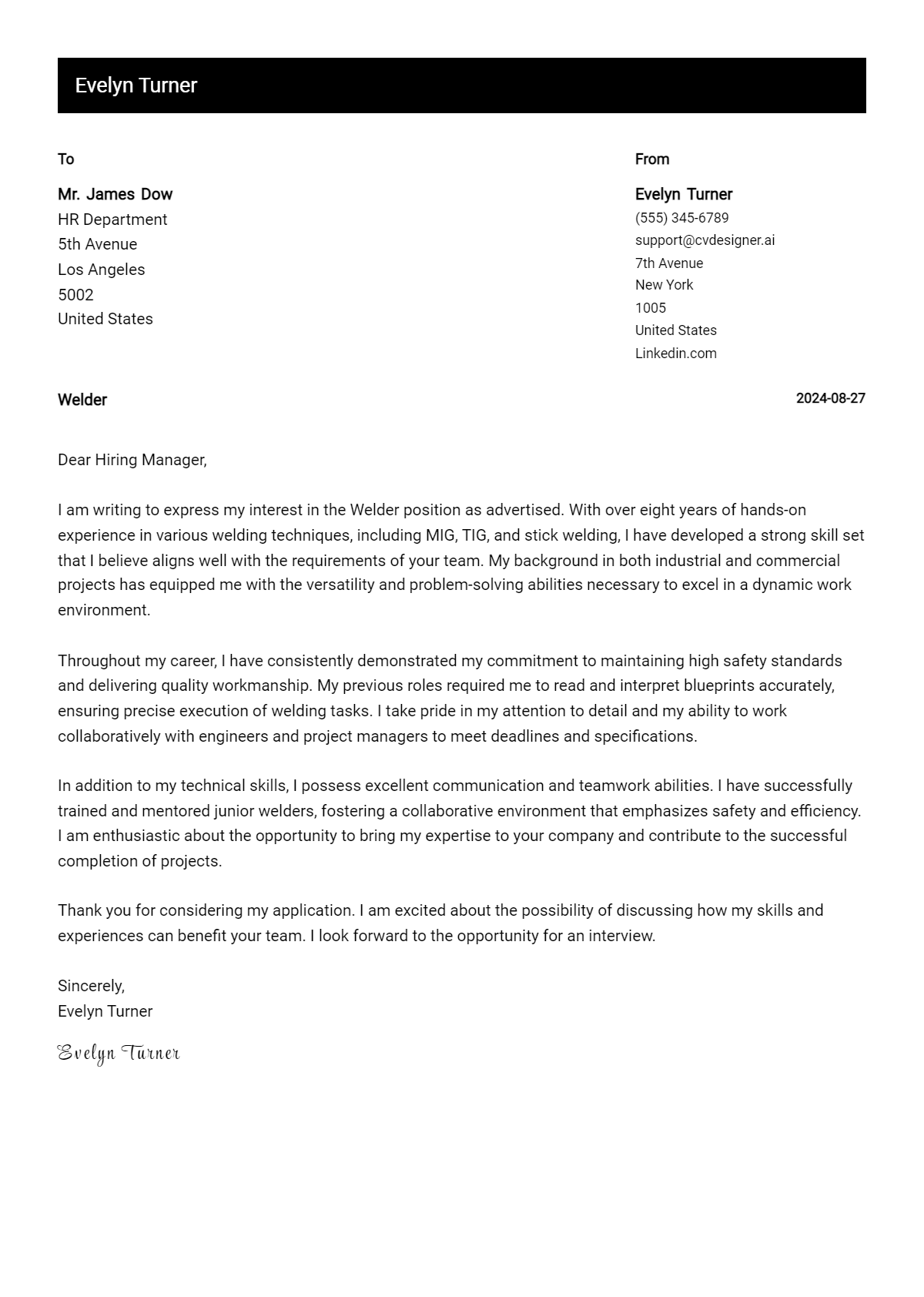 welder cover letter example