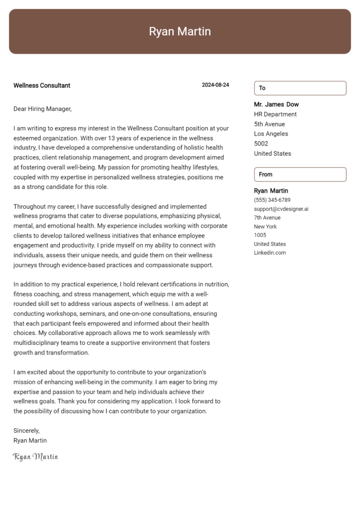 Wellness Consultant Cover Letter Examples and Templates for 2024 ...