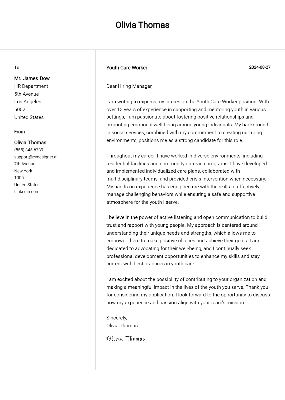 youth care worker cover letter example